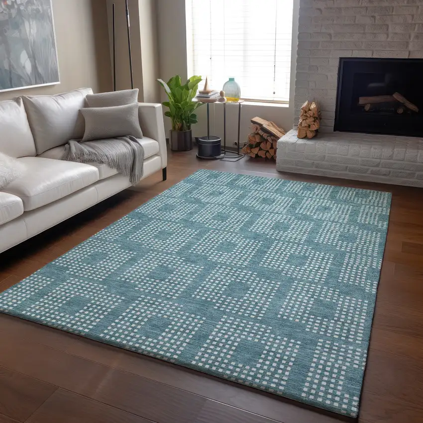 Teal And Ivory Geometric Washable Area Rug With UV Protection Photo 5
