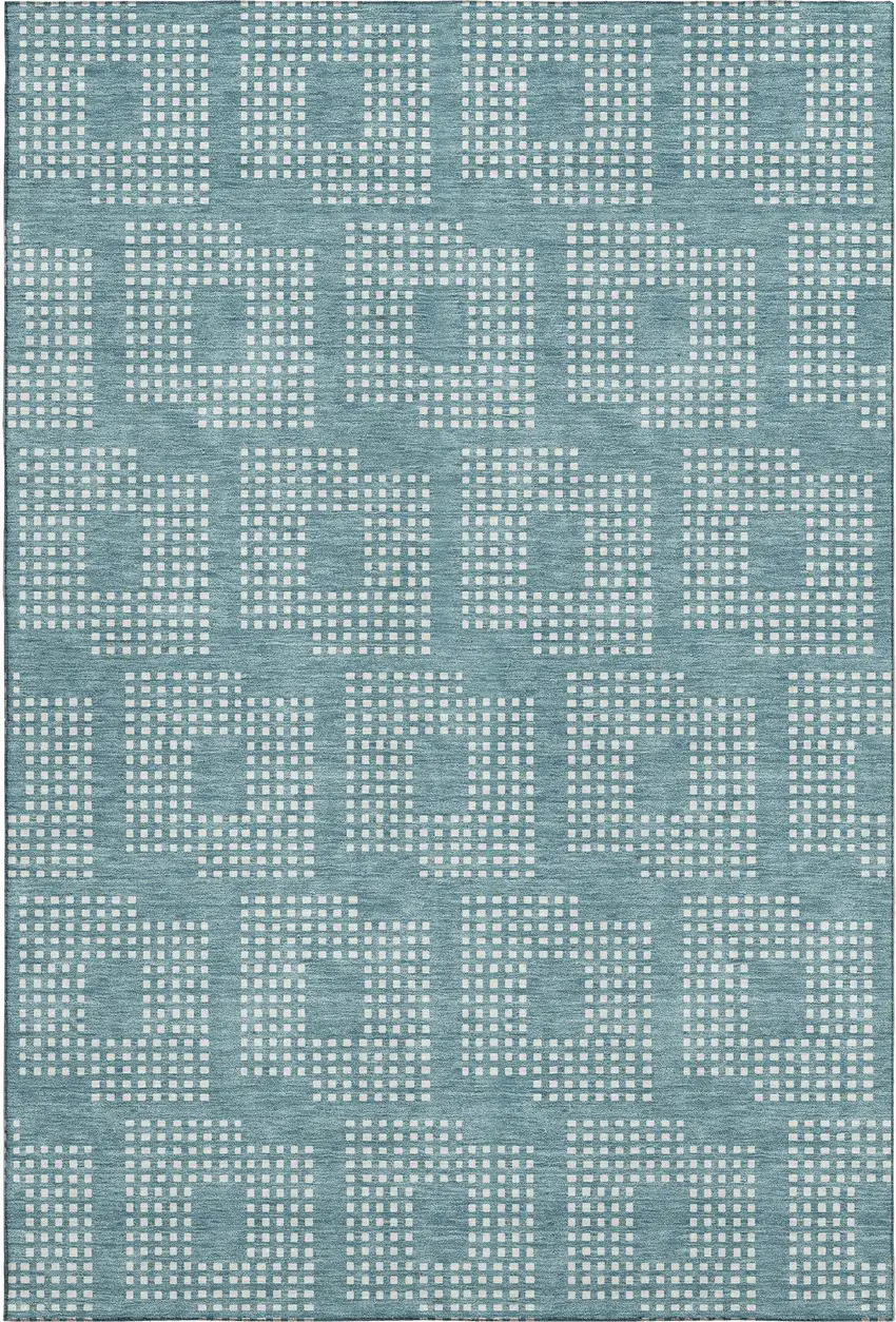 Teal And Ivory Geometric Washable Area Rug With UV Protection Photo 1