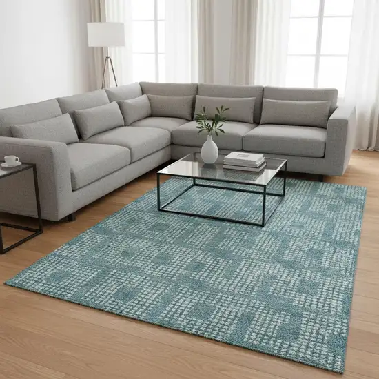 Teal And Ivory Geometric Washable Area Rug With UV Protection Photo 2