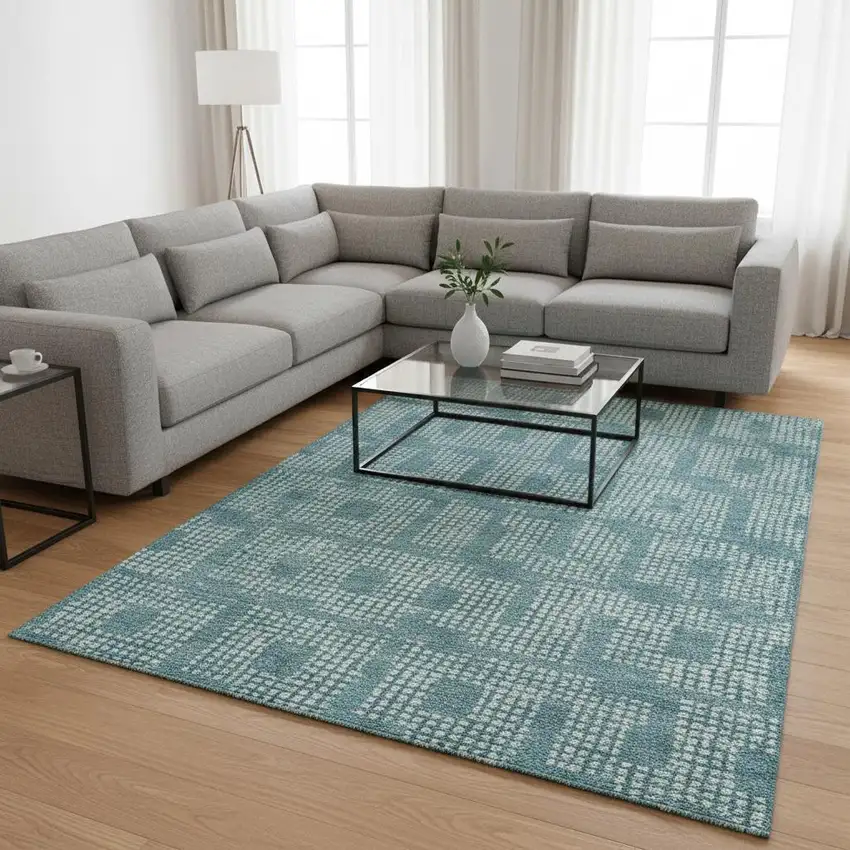 Teal And Ivory Geometric Washable Area Rug With UV Protection Photo 2