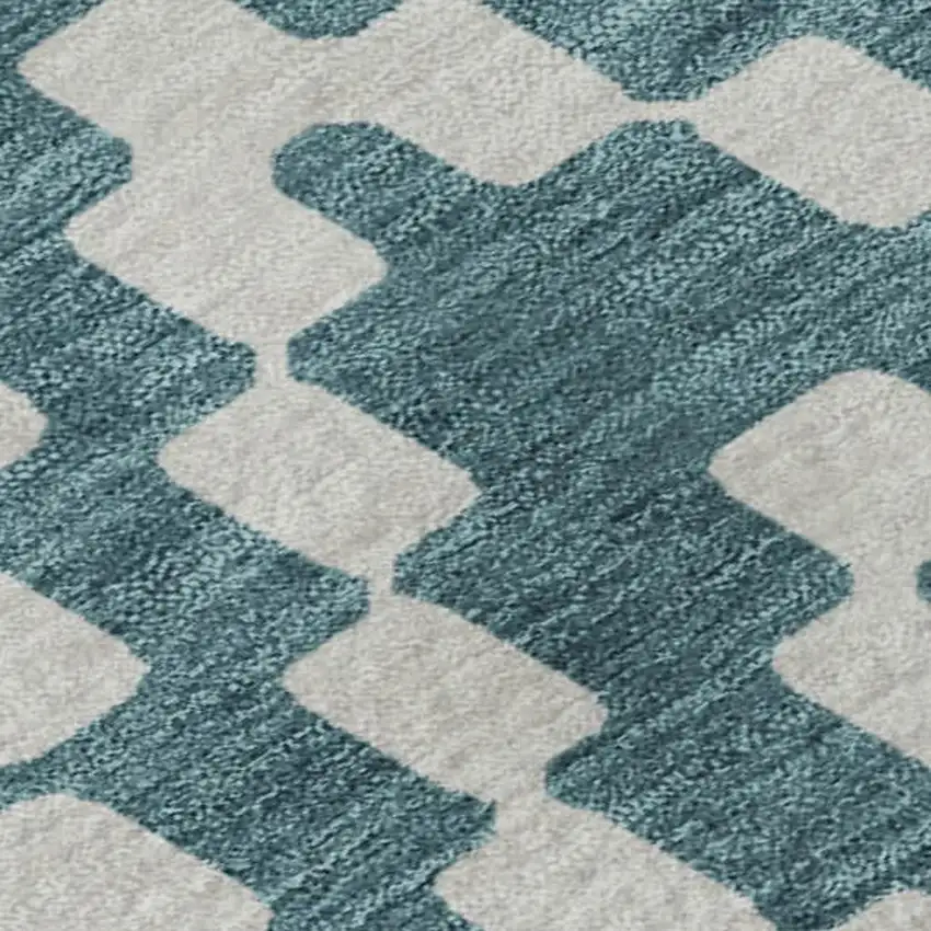 Teal And Ivory Geometric Washable Area Rug With UV Protection Photo 3