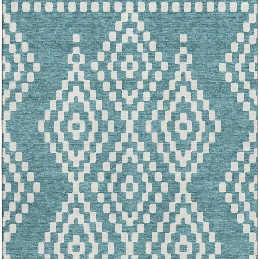 Teal And Ivory Geometric Washable Area Rug With UV Protection Photo 5