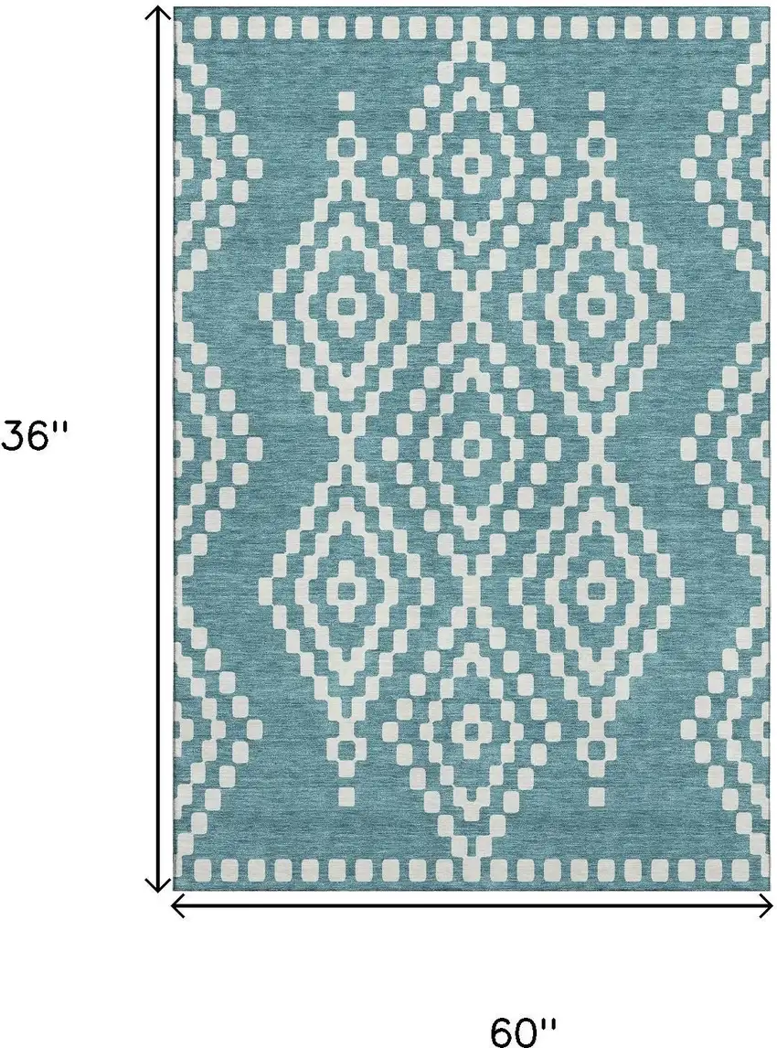 Teal And Ivory Geometric Washable Area Rug With UV Protection Photo 3