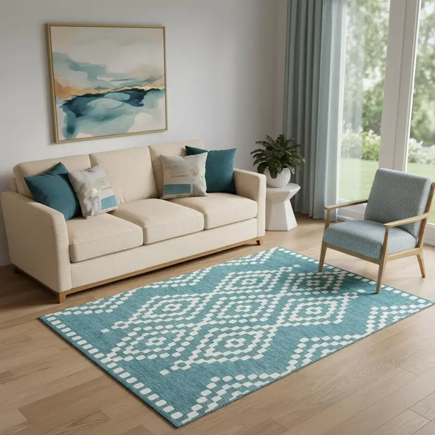 Teal And Ivory Geometric Washable Area Rug With UV Protection Photo 1