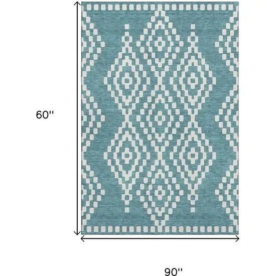 Teal And Ivory Geometric Washable Area Rug With UV Protection Photo 7