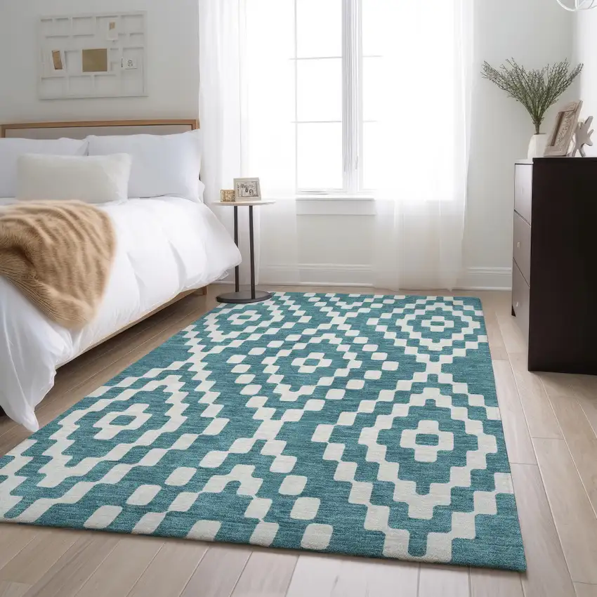 Teal And Ivory Geometric Washable Area Rug With UV Protection Photo 5