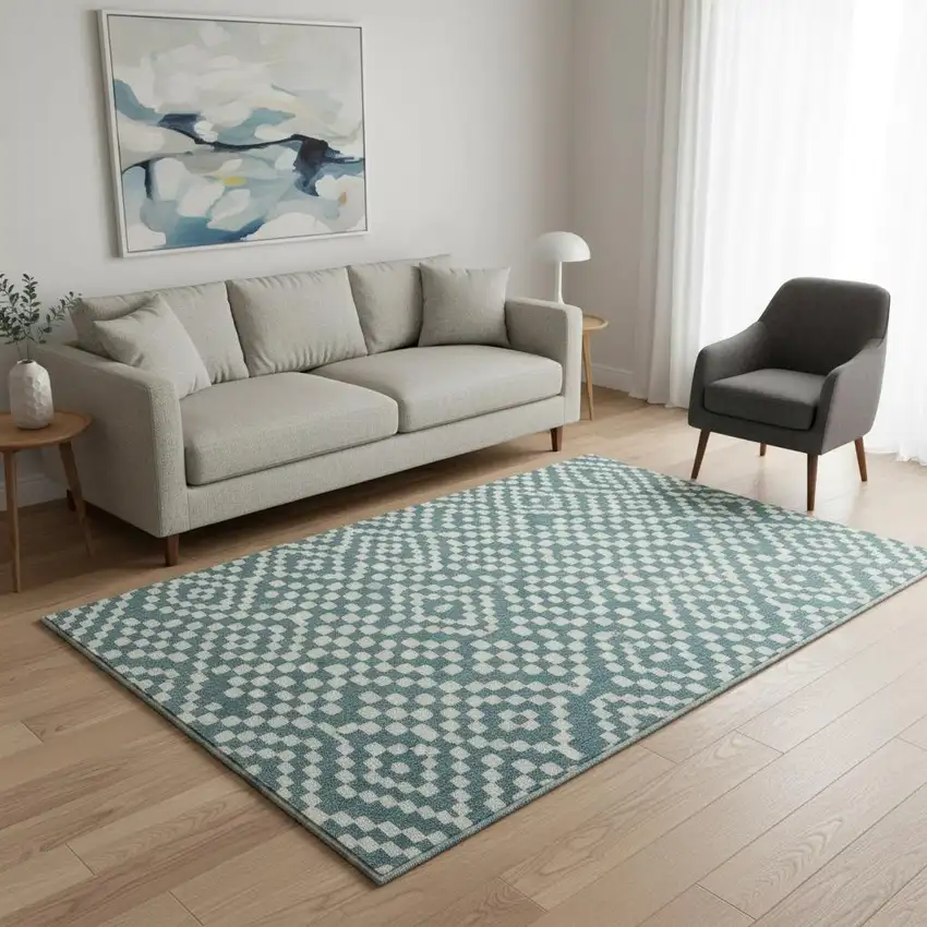 Teal And Ivory Geometric Washable Area Rug With UV Protection Photo 2