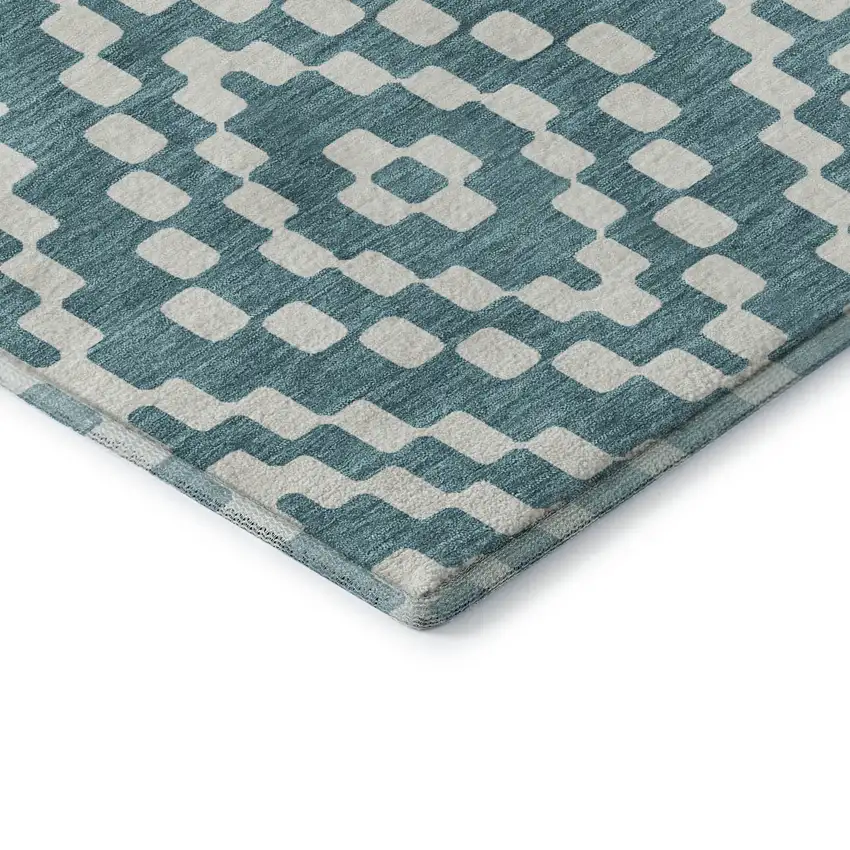 Teal And Ivory Geometric Washable Area Rug With UV Protection Photo 1