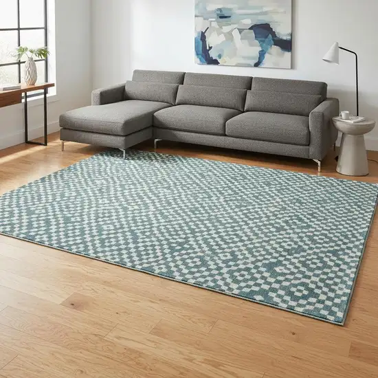 Teal And Ivory Geometric Washable Area Rug With UV Protection Photo 2