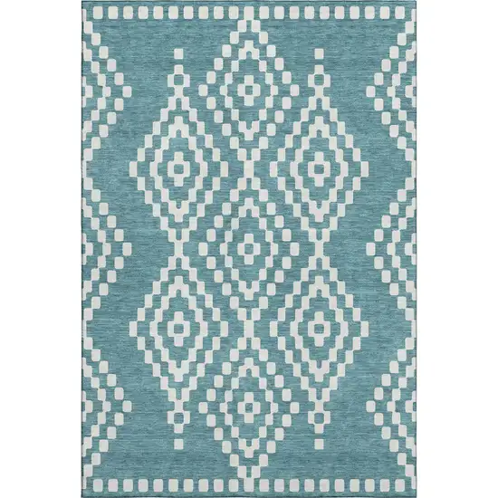 Teal And Ivory Geometric Washable Area Rug With UV Protection Photo 6