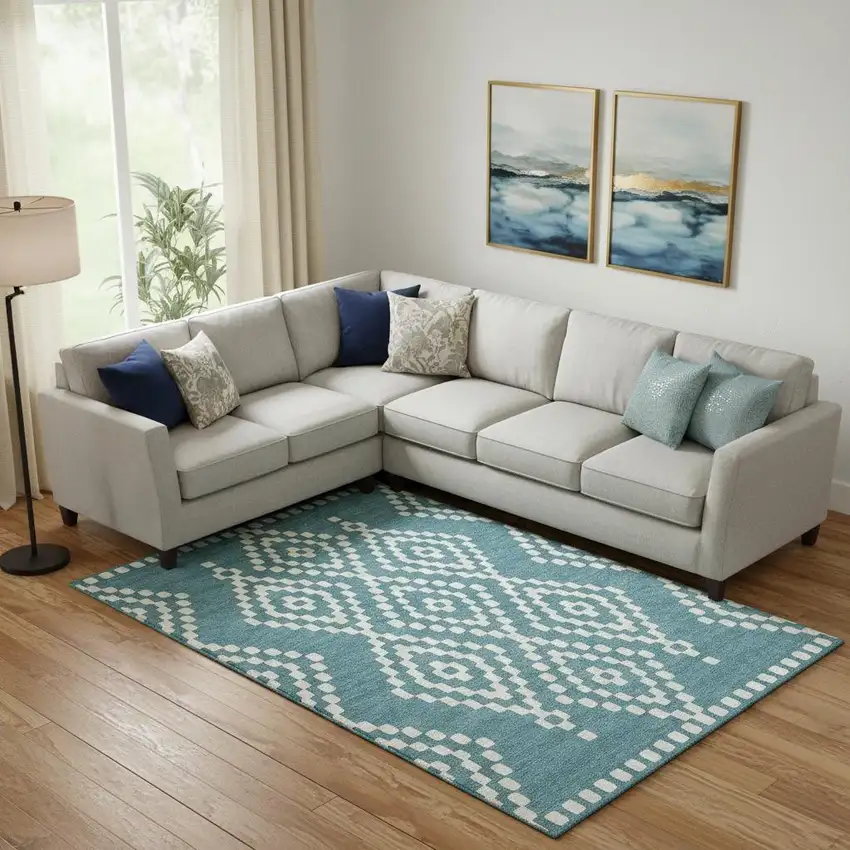 Teal And Ivory Geometric Washable Area Rug With UV Protection Photo 1
