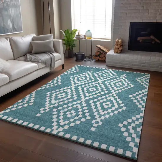 Teal And Ivory Geometric Washable Area Rug With UV Protection Photo 5
