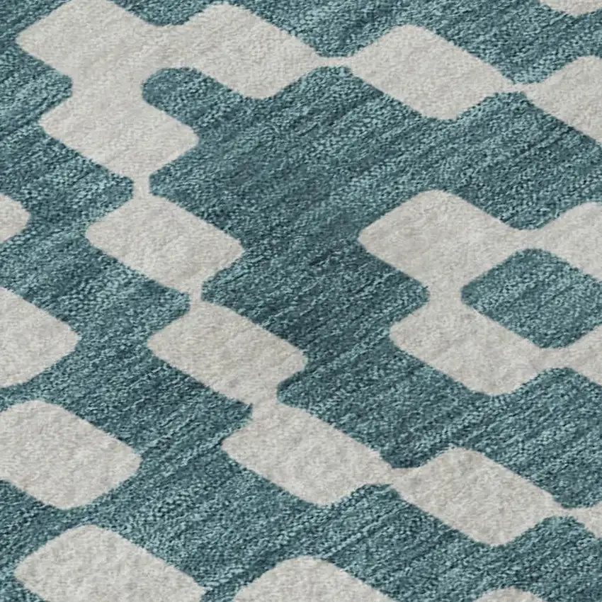 Teal And Ivory Geometric Washable Area Rug With UV Protection Photo 4