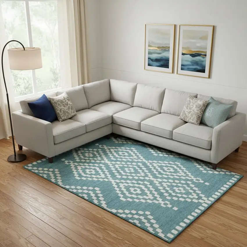 Teal And Ivory Geometric Washable Area Rug With UV Protection Photo 1