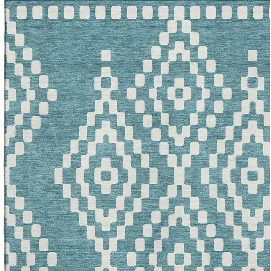 Teal And Ivory Geometric Washable Area Rug With UV Protection Photo 3