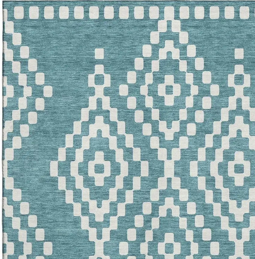 Teal And Ivory Geometric Washable Area Rug With UV Protection Photo 3