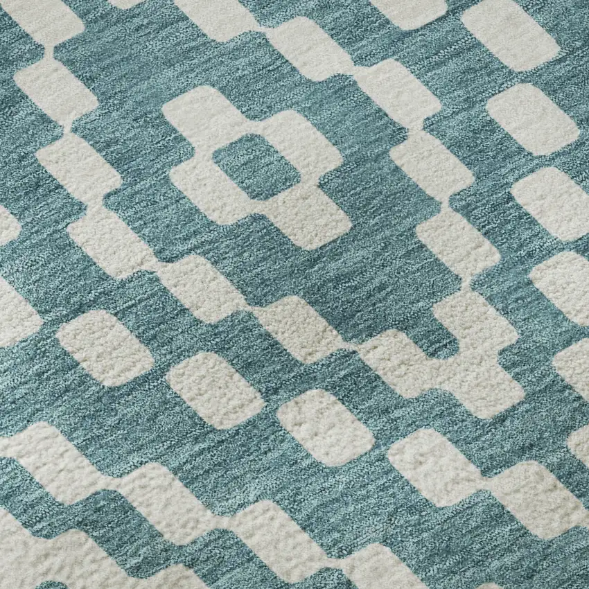 Teal And Ivory Geometric Washable Area Rug With UV Protection Photo 9