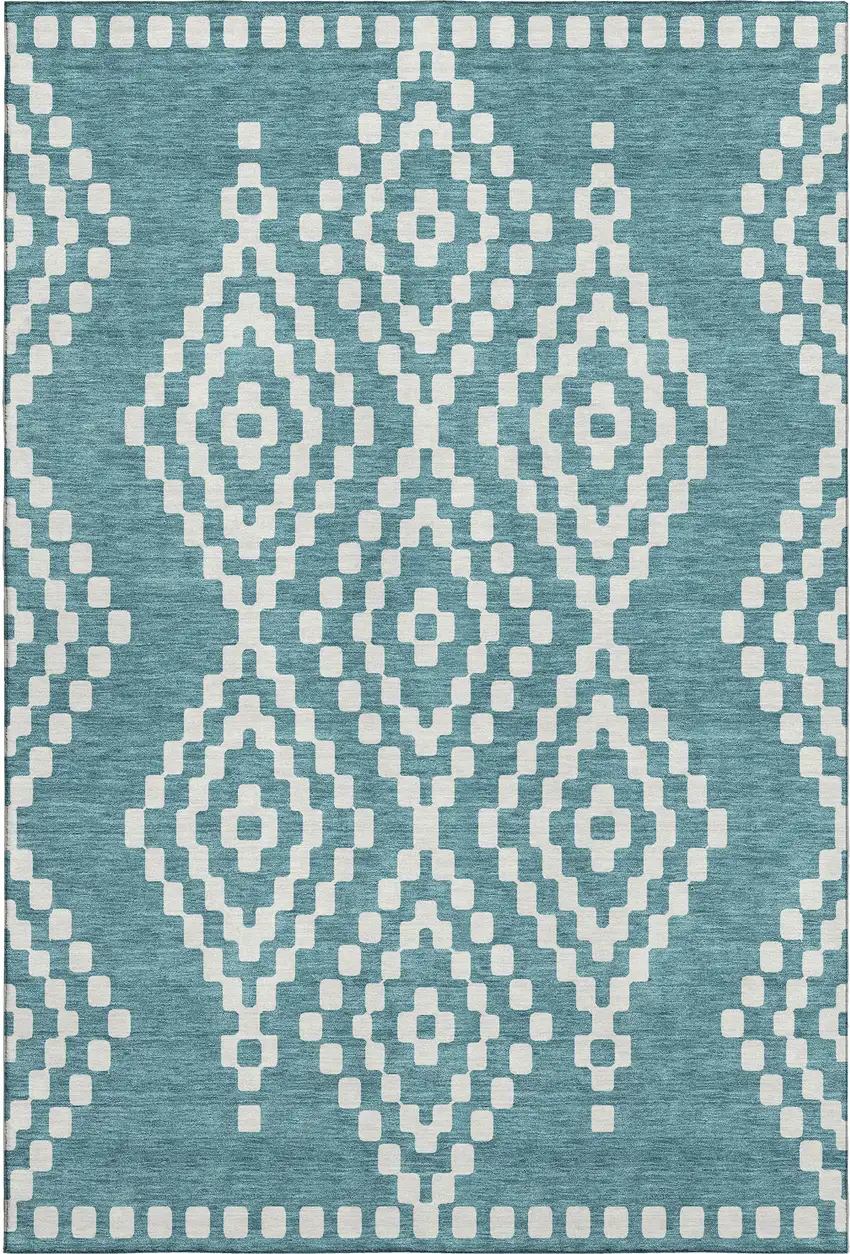 Teal And Ivory Geometric Washable Area Rug With UV Protection Photo 6