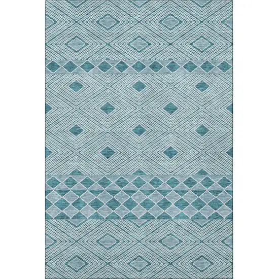 Teal And Ivory Geometric Washable Area Rug With UV Protection Photo 4