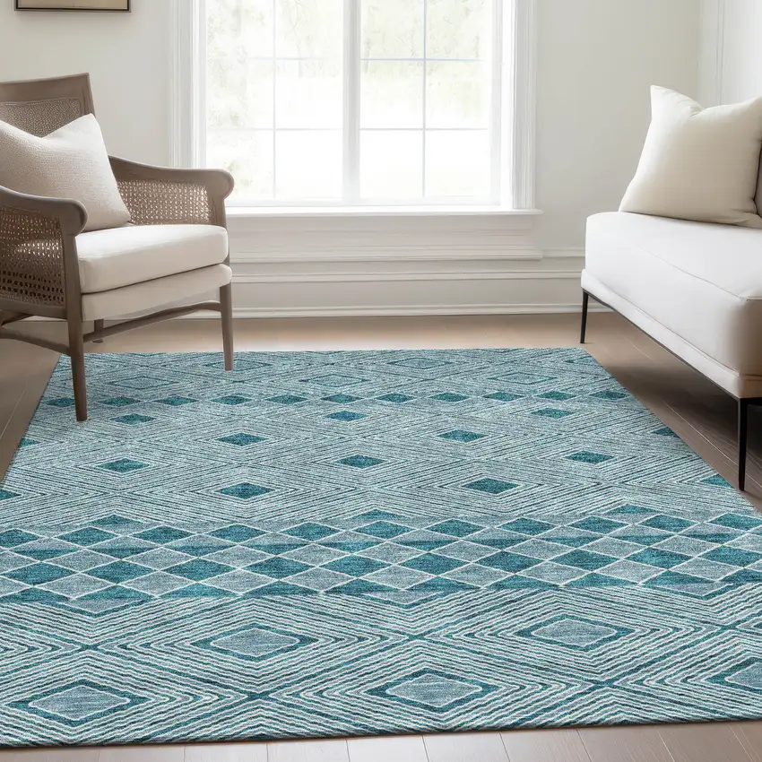 Teal And Ivory Geometric Washable Area Rug With UV Protection Photo 6