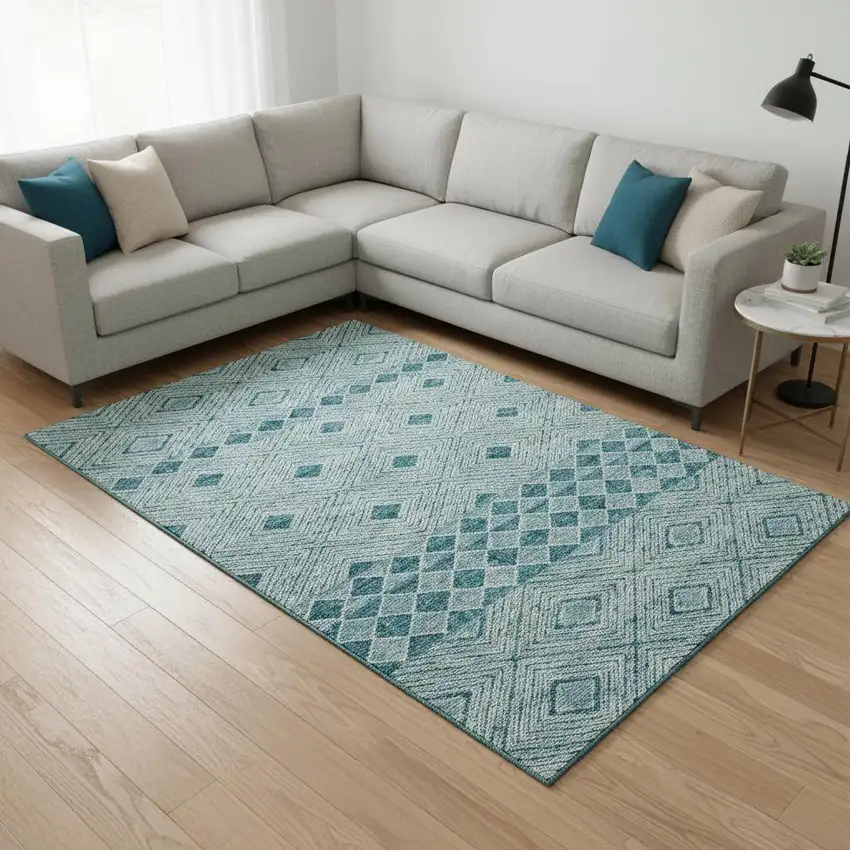 Teal And Ivory Geometric Washable Area Rug With UV Protection Photo 2