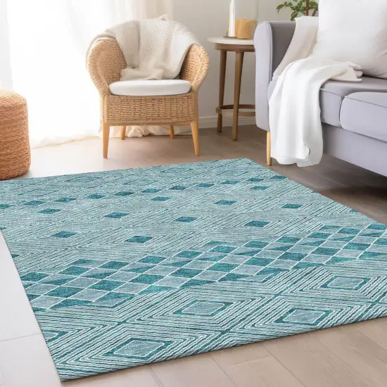Teal And Ivory Geometric Washable Area Rug With UV Protection Photo 5