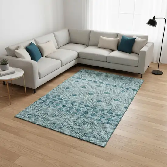 Teal And Ivory Geometric Washable Area Rug With UV Protection Photo 2