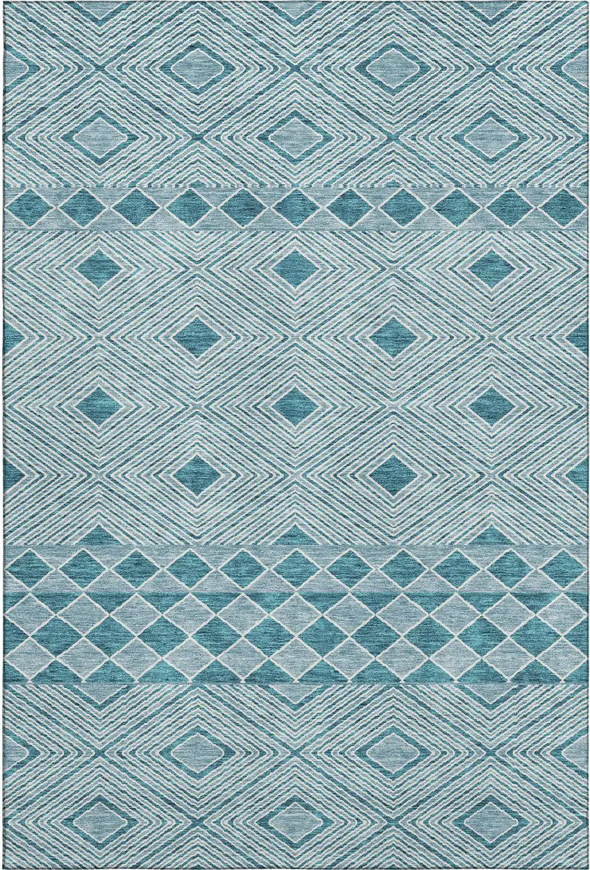 Teal And Ivory Geometric Washable Area Rug With UV Protection Photo 1