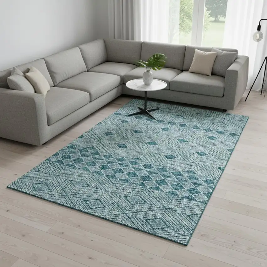 Teal And Ivory Geometric Washable Area Rug With UV Protection Photo 2