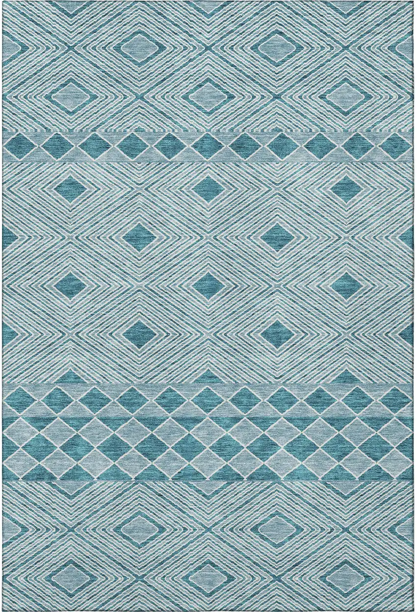 Teal And Ivory Geometric Washable Area Rug With UV Protection Photo 4