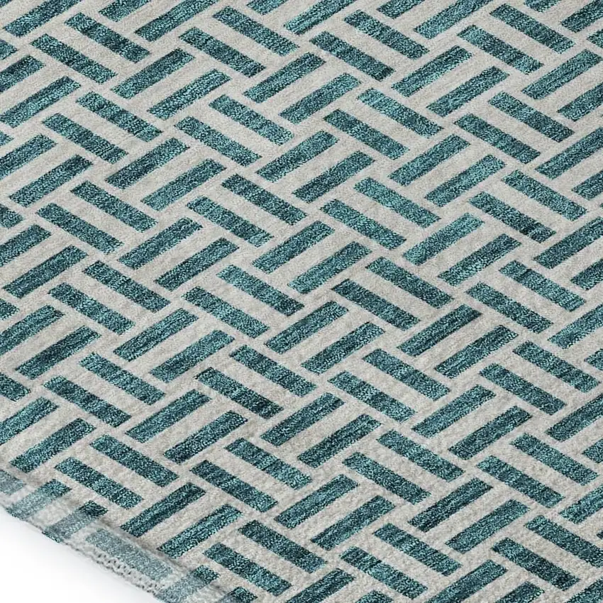 Teal And Ivory Geometric Washable Area Rug With UV Protection Photo 3