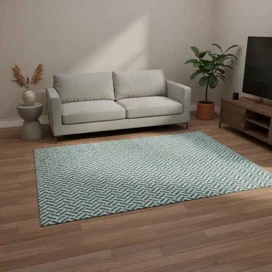 Teal And Ivory Geometric Washable Area Rug With UV Protection Photo 2