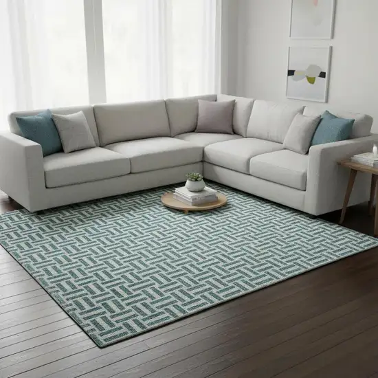 Teal And Ivory Geometric Washable Area Rug With UV Protection Photo 2