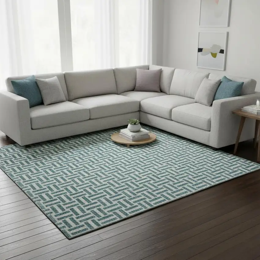 Teal And Ivory Geometric Washable Area Rug With UV Protection Photo 2