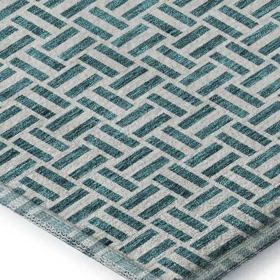 Teal And Ivory Geometric Washable Area Rug With UV Protection Photo 3
