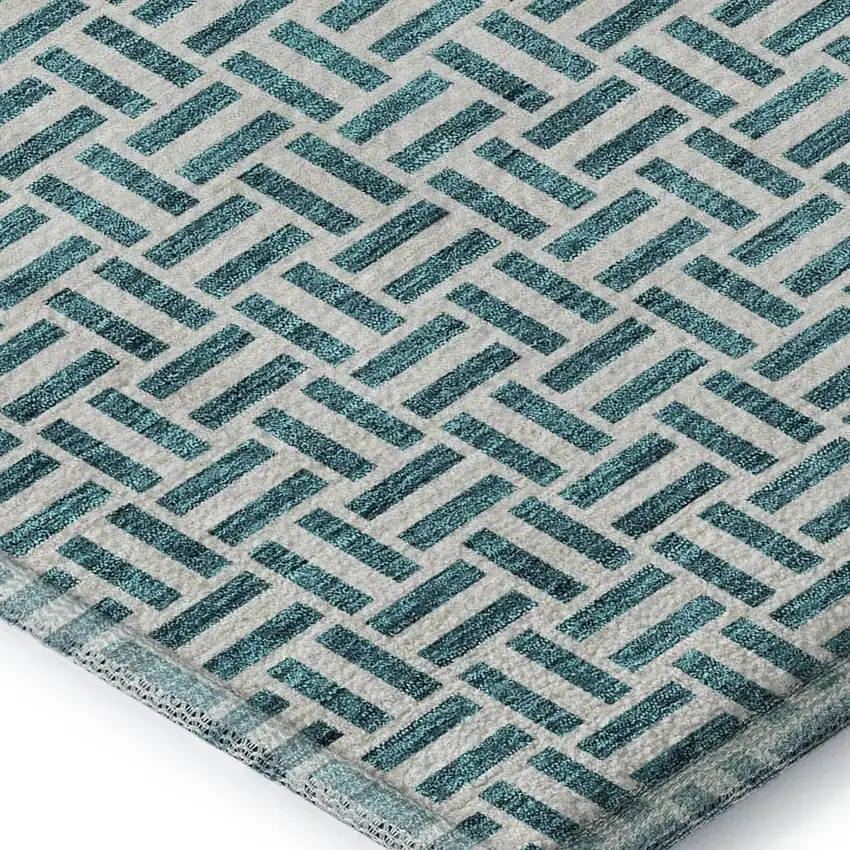 Teal And Ivory Geometric Washable Area Rug With UV Protection Photo 3