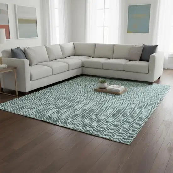 Teal And Ivory Geometric Washable Area Rug With UV Protection Photo 2