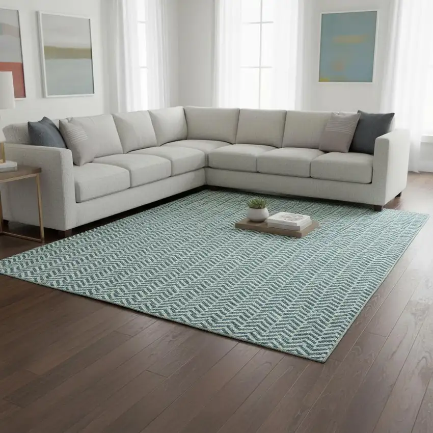 Teal And Ivory Geometric Washable Area Rug With UV Protection Photo 2