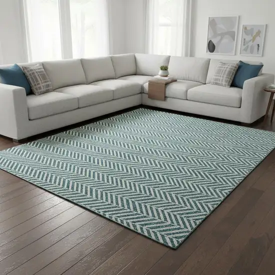 Teal And Ivory Geometric Washable Area Rug With UV Protection Photo 2