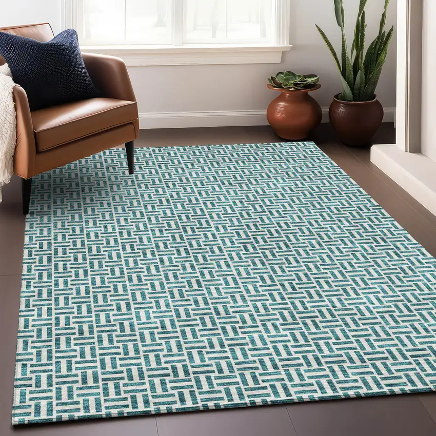 Teal And Ivory Geometric Washable Area Rug With UV Protection Photo 5