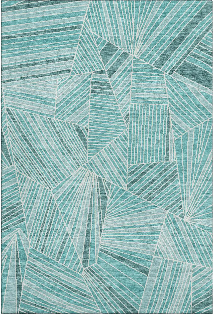 Teal And Ivory Geometric Washable Area Rug With UV Protection Photo 1