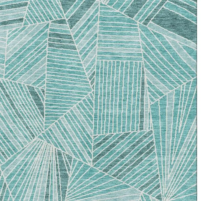 Teal And Ivory Geometric Washable Area Rug With UV Protection Photo 3