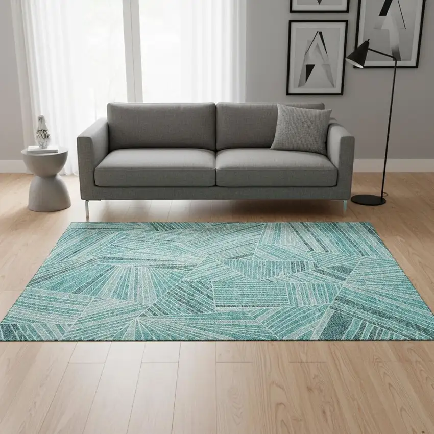 Teal And Ivory Geometric Washable Area Rug With UV Protection Photo 2