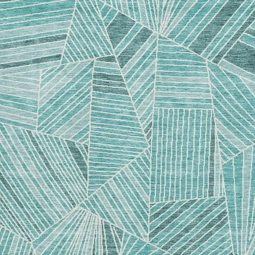 Teal And Ivory Geometric Washable Area Rug With UV Protection Photo 3