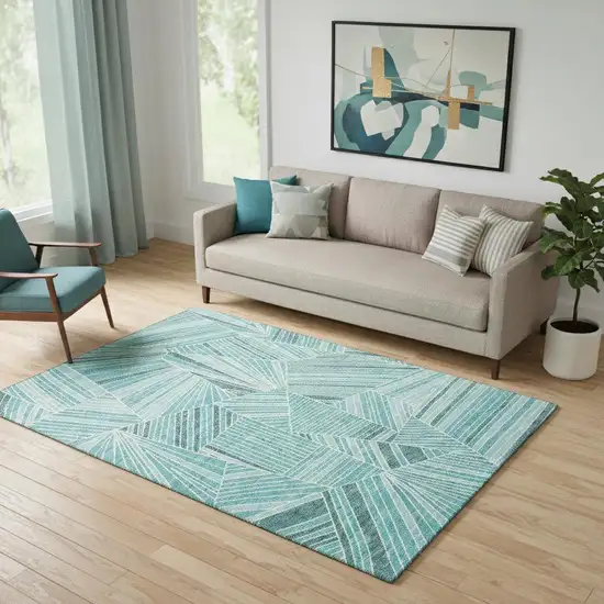 Teal And Ivory Geometric Washable Area Rug With UV Protection Photo 1
