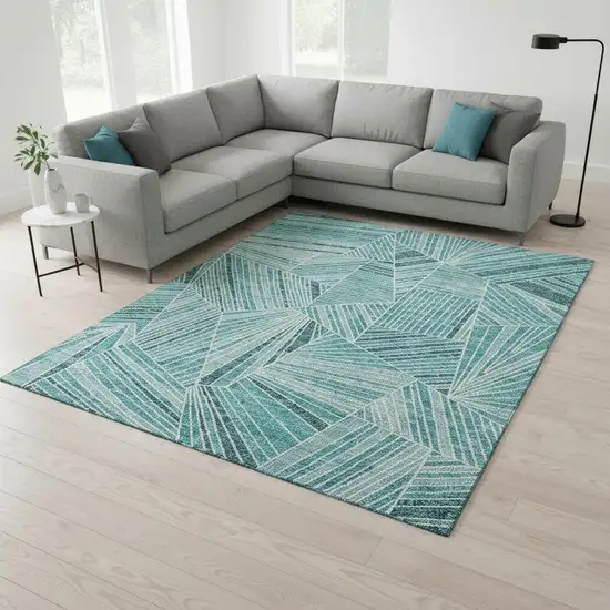 Teal And Ivory Geometric Washable Area Rug With UV Protection Photo 2