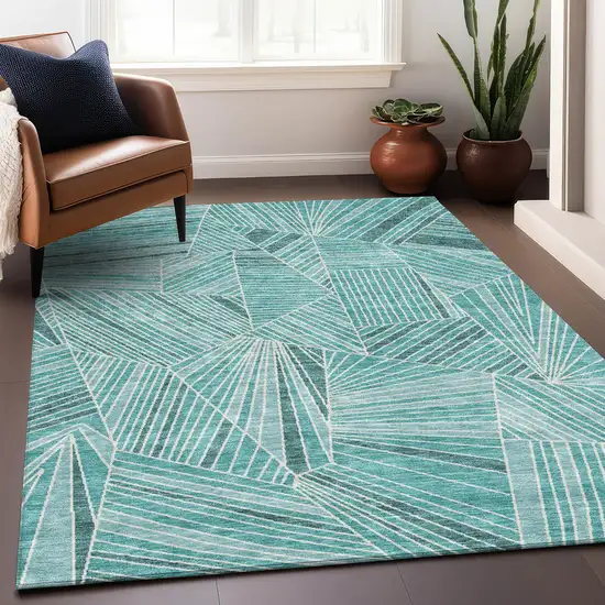 Teal And Ivory Geometric Washable Area Rug With UV Protection Photo 5