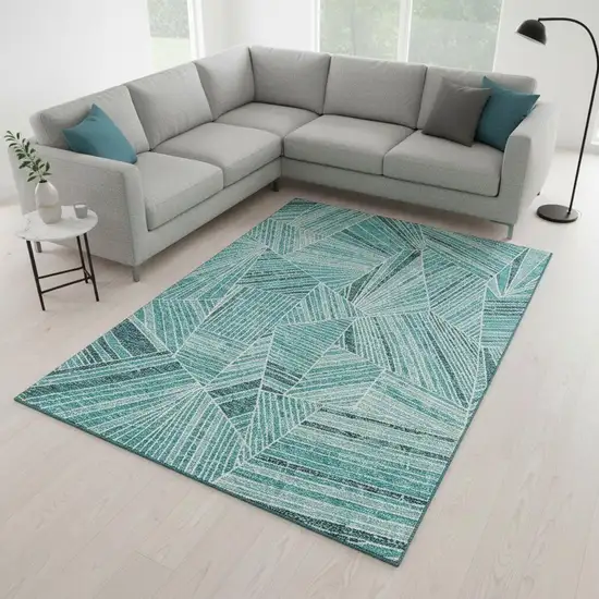 Teal And Ivory Geometric Washable Area Rug With UV Protection Photo 2