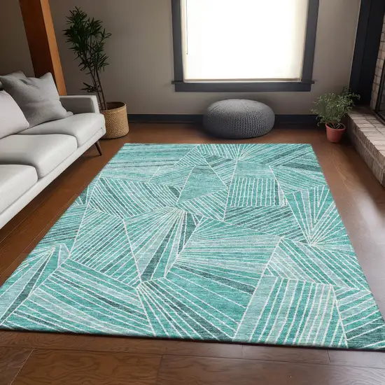 Teal And Ivory Geometric Washable Area Rug With UV Protection Photo 5