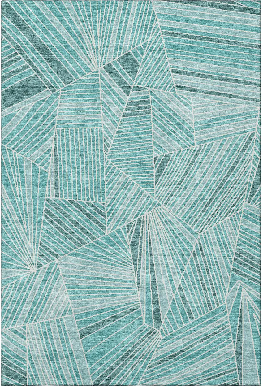 Teal And Ivory Geometric Washable Area Rug With UV Protection Photo 3